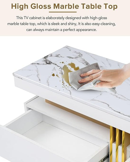 Merax Luxury TV Stand with High Gloss Faux Marble Top, Golden Panel Design, and 3 Drawers for Televisions Up to 78'', Rectangle Media Console, Practical Entertainment Center for Living Room, White - LeafyLoom