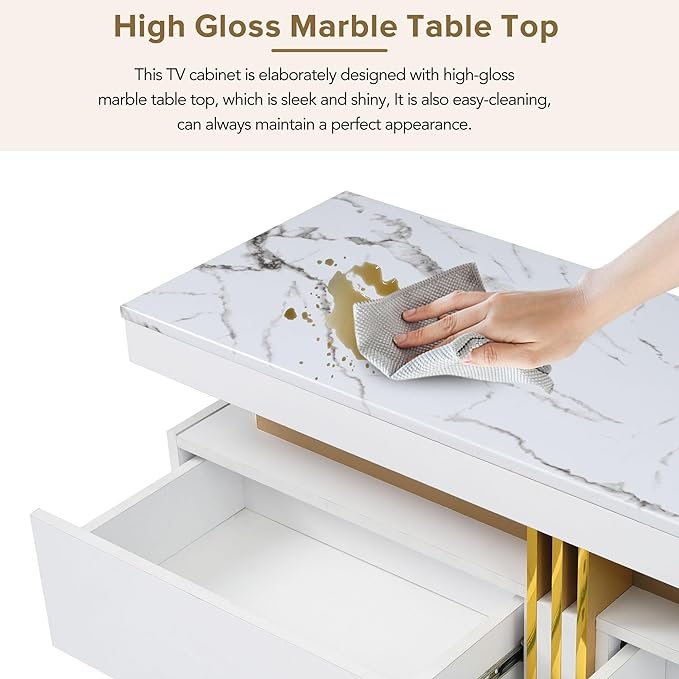 Merax Luxury TV Stand with High Gloss Faux Marble Top, Golden Panel Design, and 3 Drawers for Televisions Up to 78'', Rectangle Media Console, Practical Entertainment Center for Living Room, White - LeafyLoom