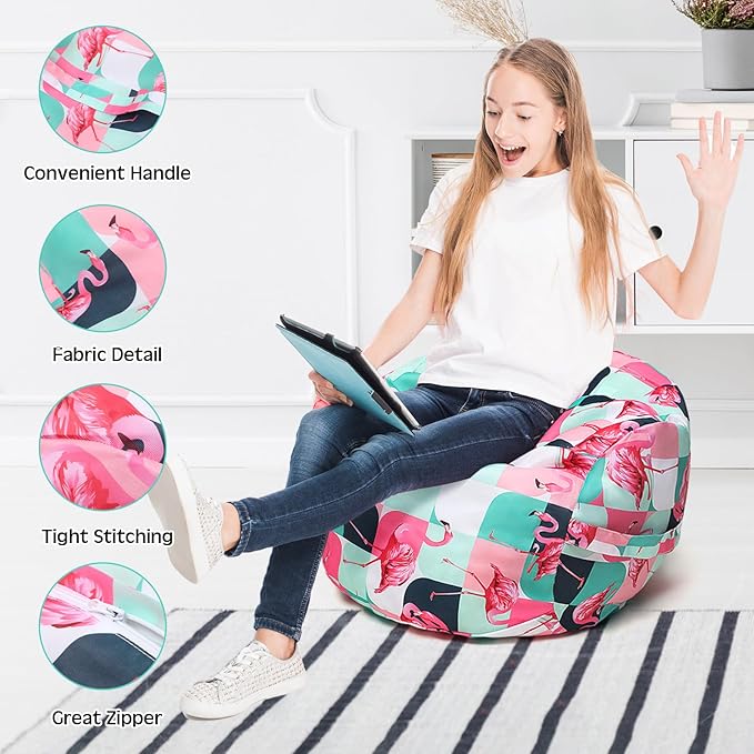 2 Pcs Bean Bag Chair for Kids 24" Empty Bean Bag with Carrying Handle Removable Washable Canvas Storage Bean Bag for Organizing Toy Room Decor(Tropical) - LeafyLoom