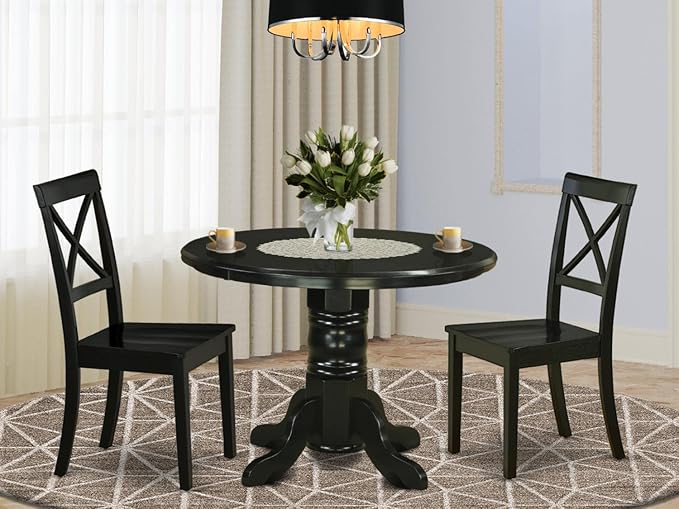 East West Furniture SHBO3-BLK-W 3 Piece Room Furniture Set Contains a Round Kitchen Table with Pedestal and 2 Dining Chairs, 42x42 Inch - LeafyLoom