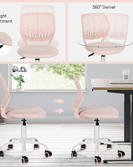 Desk Chair Small Armless, Comfy Home Office Chair with Fabric Seating Cushion and Plastic Low-Back, Adjustable Swivel Study Computer Task Chair for Student Children Kids with Rolling Wheels, Pink - LeafyLoom