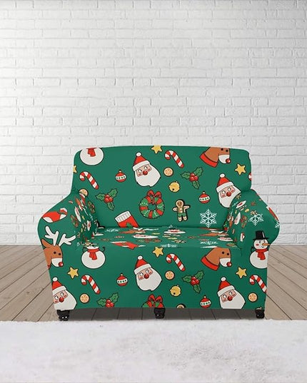 FKELYI Christmas Decorations Green Sofa Slipcover Santa Claus Stretch Sofa Couch Cover for Indoor Washable Furniture Protector with Elastic Bottom S FKELYI