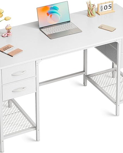 47 Inch Computer Desk with 4 Drawers, Office Desk with Mesh Shelf, Gaming Desk, Large Storage, Writing Desk Work Desk for Home Office, Study, Bedroom, Work from Home, White - LeafyLoom