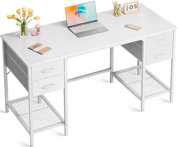 47 Inch Computer Desk with 4 Drawers, Office Desk with Mesh Shelf, Gaming Desk, Large Storage, Writing Desk Work Desk for Home Office, Study, Bedroom, Work from Home, White - LeafyLoom