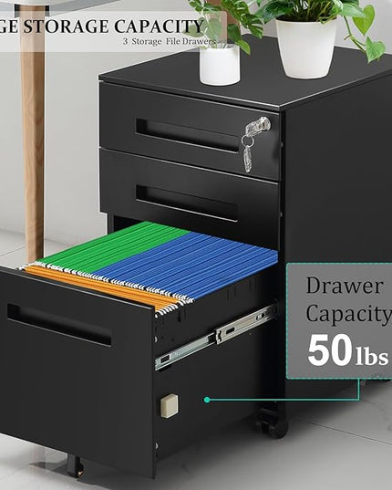 3-Drawer Mobile File Cabinets Rolling Metal Filing Cabinet for Legal & Letter File Anti-tilt Design with Lock Under Desk Office Drawers Fully Assembled Except Casters Black(Style 3) - LeafyLoom