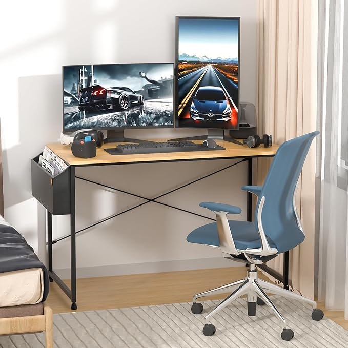 MoNiBloom Computer Desk, Modern Simple Style Laptop Table with Storage Bag for Reading Writing Livingroom Bedroom - Light Walnut - LeafyLoom