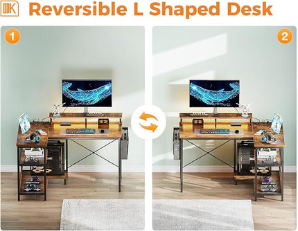 ODK 40 Inch Gaming Desk with USB Charging Ports and LED Lights, Reversible L Shaped Computer Desk with Storage Shelves & Monitor Stand, Corner Home Office Desk Table with Power Outlets, Vintage - LeafyLoom