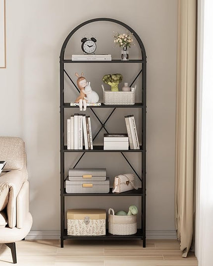 5-Tier Bookshelf, 24 Inch Width Industrial Arched Bookcase, Vintage Storage Rack with Open Shelves, Free Standing Shelf for Home Office, Living Room,Bedroom, Black - LeafyLoom