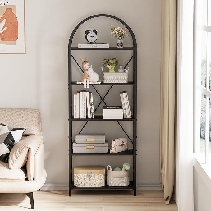 5-Tier Bookshelf, 24 Inch Width Industrial Arched Bookcase, Vintage Storage Rack with Open Shelves, Free Standing Shelf for Home Office, Living Room,Bedroom, Black - LeafyLoom