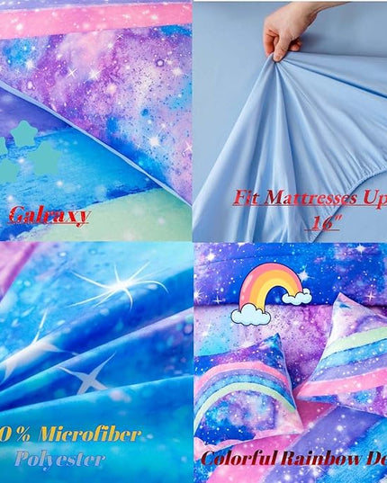 Tie Dye Blue Teens Comforter Set Queen for Girls, 3D Rainbow Gradient Glitter Bed in A Bag, 6 Pieces Twinkle Nebula Comforter Kids Bedding Set for All Season - LeafyLoom