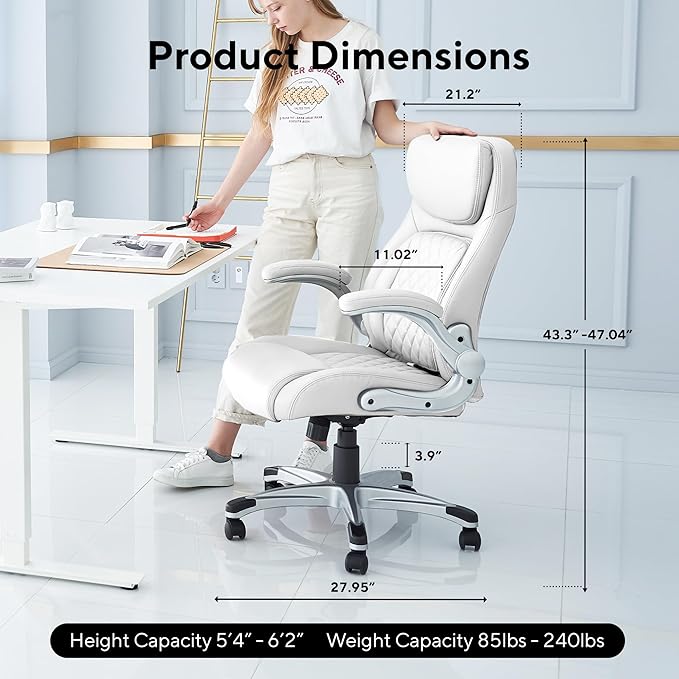 Nouhaus Ergonomic Office Chair Premium Microfiber Leather Adjustable Lumbar Support, Home Desk Gaming Chairs Executive Computer Chair with Adjustable Armrests (Posture,White) - LeafyLoom