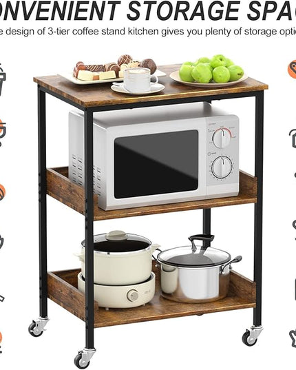 ASTARTH Kitchen Microwave Cart, 3 Tier Rolling Kitchen Utility Cart on Wheels Coffee Cart, Microwave Kitchen Islands Cart with Storage, for Living and Kitchen Room, Coffee Station for Kitchen - LeafyLoom