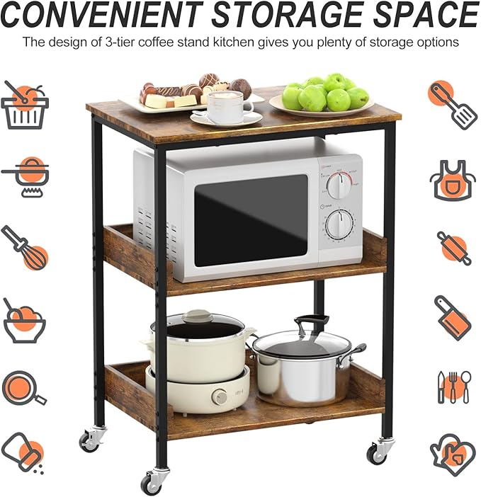 ASTARTH Kitchen Microwave Cart, 3 Tier Rolling Kitchen Utility Cart on Wheels Coffee Cart, Microwave Kitchen Islands Cart with Storage, for Living and Kitchen Room, Coffee Station for Kitchen - LeafyLoom