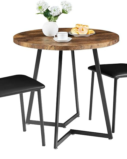 VECELO Round Kitchen Table with 2 Upholstered Chairs, 3-Piece Wood Dinette Sets with Steel Frame for Breakfast Nook, Dining Room, and Small Space, Antique Brown - LeafyLoom