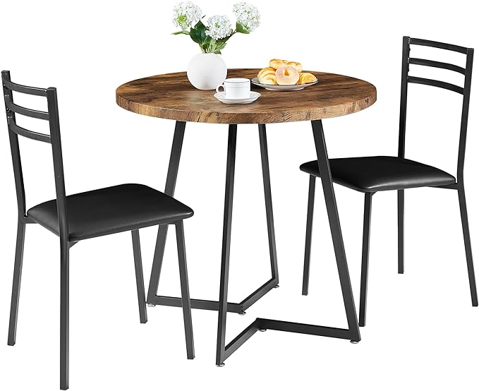 VECELO Round Kitchen Table with 2 Upholstered Chairs, 3-Piece Wood Dinette Sets with Steel Frame for Breakfast Nook, Dining Room, and Small Space, Antique Brown - LeafyLoom