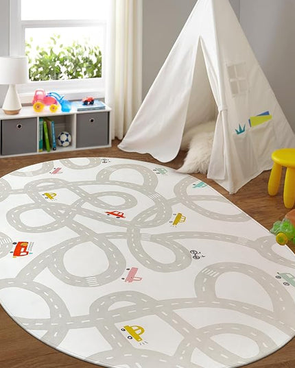 LIVEBOX Grey Car Rug for Playroom, 5'X7' Kids Play Mat for Boys and Girls, Large Road Traffice Rugs for Nursery, Washable Kids Rug Non-Slip Toy Car Mat for Bedroom Toddler Room - LeafyLoom