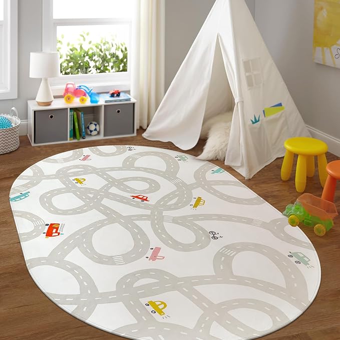 LIVEBOX Grey Car Rug for Playroom, 5'X7' Kids Play Mat for Boys and Girls, Large Road Traffice Rugs for Nursery, Washable Kids Rug Non-Slip Toy Car Mat for Bedroom Toddler Room - LeafyLoom