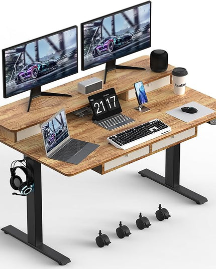 63 * 30 Inches Electric Standing Desk Adjustable Height with 4 Drawers, Double Storage Shelves Stand Up Desk, Home Office Workstation Sit Stand up Desk (Light Rustic Brown) - LeafyLoom