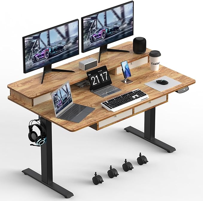 63 * 30 Inches Electric Standing Desk Adjustable Height with 4 Drawers, Double Storage Shelves Stand Up Desk, Home Office Workstation Sit Stand up Desk (Light Rustic Brown) - LeafyLoom