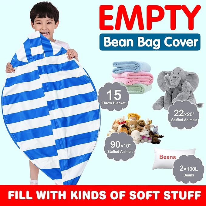 Lukeight Stuffed Animal Storage Bean Bag Chair Cover for Kids, Zipper Beanbag Chair Cover for Organizing Toddler & Kids' Rooms Plush Toys (Blue+White Velvet, X-Large) - LeafyLoom