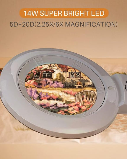 Bifocals Magnifying Desk Lamp with Clamp, 5 Diopter with 20 Diopter, 6 Inch Detachable Lens and 120PCS LEDs, 3 Color Modes 1200 Lumens Swivel Arm Magnifying Lamp with Light for Crafts - LeafyLoom