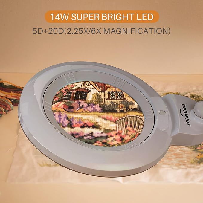 Bifocals Magnifying Desk Lamp with Clamp, 5 Diopter with 20 Diopter, 6 Inch Detachable Lens and 120PCS LEDs, 3 Color Modes 1200 Lumens Swivel Arm Magnifying Lamp with Light for Crafts - LeafyLoom