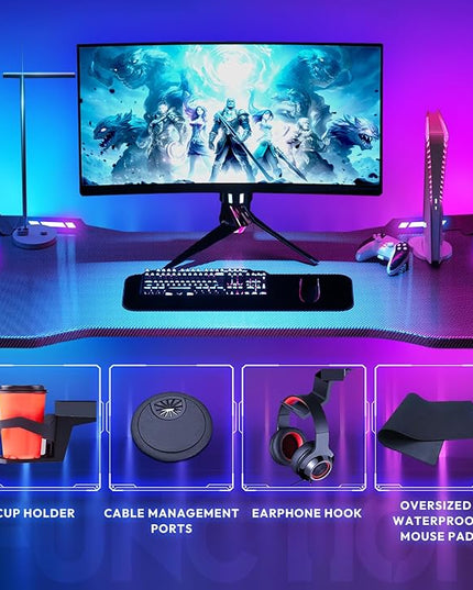 Dowinx Gaming Desk with LED Lights, RGB Gaming Computer Table with Carbon Fibre Surface, LED Home Office Desk with Remote Control, Pc Workstation with Cup Holder and Headphone Hook, 63 Inch, Black - LeafyLoom
