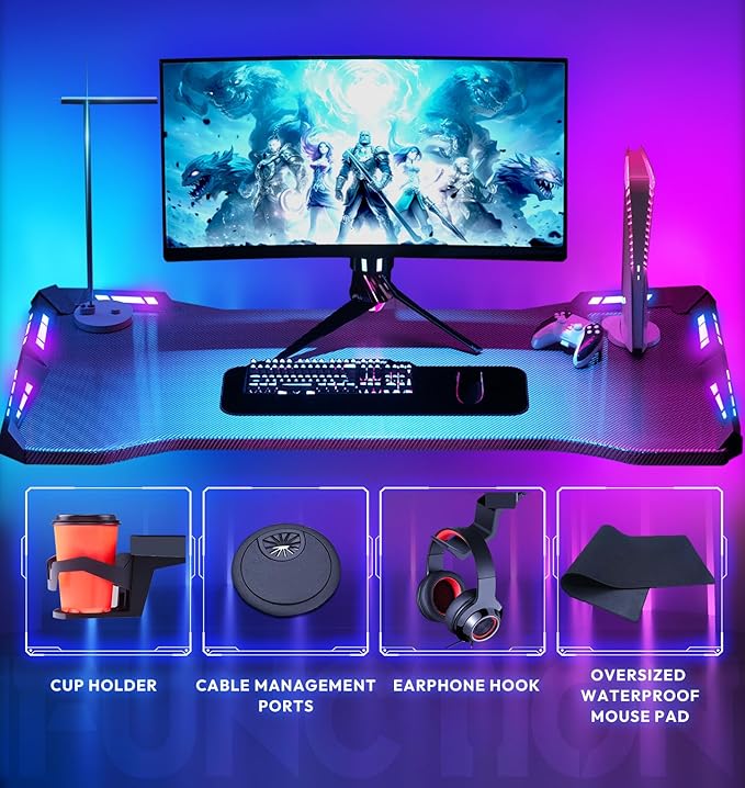 Dowinx Gaming Desk with LED Lights, RGB Gaming Computer Table with Carbon Fibre Surface, LED Home Office Desk with Remote Control, Pc Workstation with Cup Holder and Headphone Hook, 63 Inch, Black - LeafyLoom