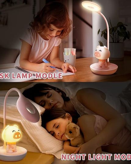 Kids Desk Lamp Pink, Dimming Desk Lamp for Girls with Exclusive Cartoon Look, Cute Night Light for Kids Bedroom, Eye-Caring LED Portable Reading Lamp for Child, Unique Gift (Pink Pig) - LeafyLoom