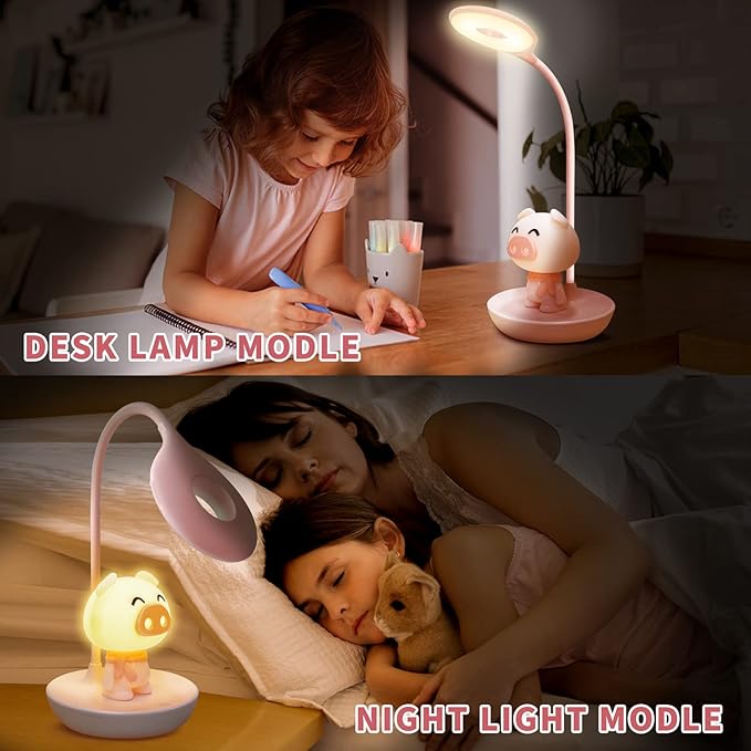 Kids Desk Lamp Pink, Dimming Desk Lamp for Girls with Exclusive Cartoon Look, Cute Night Light for Kids Bedroom, Eye-Caring LED Portable Reading Lamp for Child, Unique Gift (Pink Pig) - LeafyLoom