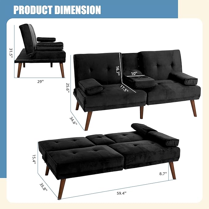 Shintenchi Futon Sofa Bed, Convertible Couch Bed Loveseat, Modern Futon Recliner Sleeper, Small Lazy Futon Set for Living Room, Office, Apartment,e, Black - LeafyLoom