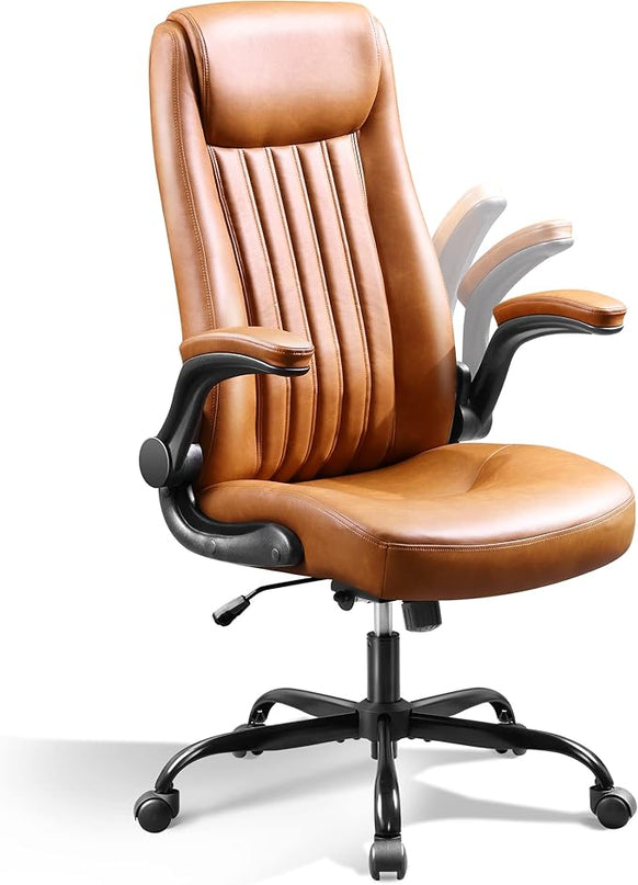 DEVAISE Computer Office Chair, High Back Ergonomic Desk Chair with Adjustable Flip-up Armrests, Lumbar Support and Thick Headrest, Executive Suede Fabric Swivel Task Chair, Brown - LeafyLoom