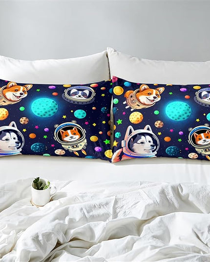 Dog Pattern Comforter Set - 3Pcs Cartoon Universe Dogs Theme Bedding Set for Boys Girls Kids Bedroom Kawaii Animal Pets Bedspreads Cover with 2 Pillowcases for All Season, Queen Size - LeafyLoom