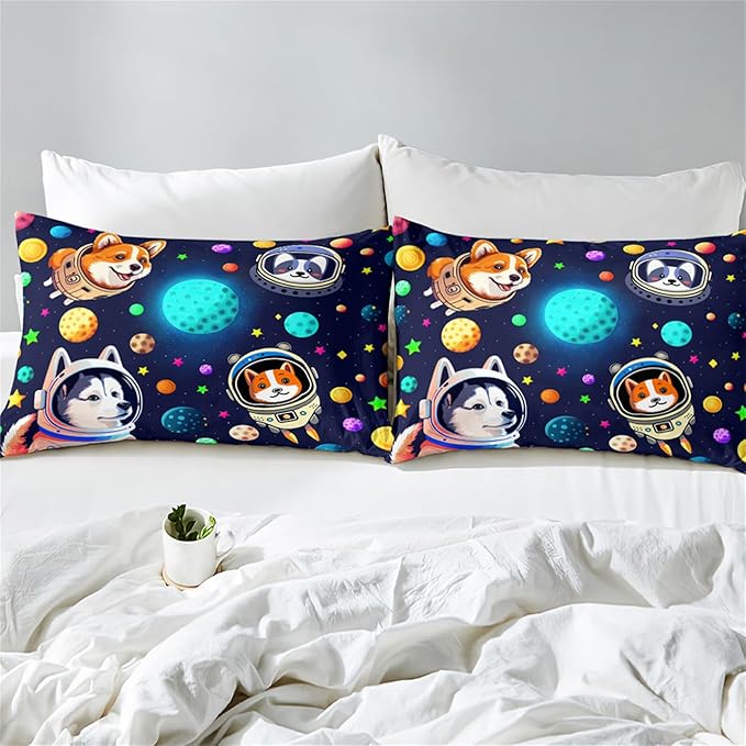 Dog Pattern Comforter Set - 3Pcs Cartoon Universe Dogs Theme Bedding Set for Boys Girls Kids Bedroom Kawaii Animal Pets Bedspreads Cover with 2 Pillowcases for All Season, Queen Size - LeafyLoom