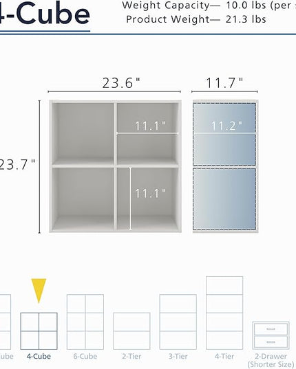 Apexa 4 Cube Storage Organizer Shelves, Stackable Wood Bookcase Fits Cubby Bins for Organization, Dorm Teen Room Decor & Home Office, White - LeafyLoom