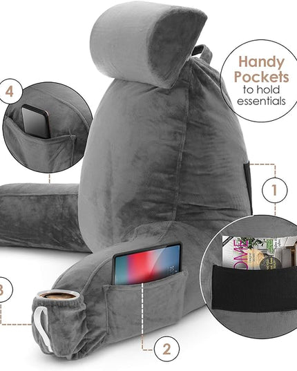 Nestl Reading Pillow with Portable Laptop Lap Desk, Velvet Feel Back Pillow for Sitting in Bed, Shredded Memory Foam Back Support Pillow for Bed, Bed Rest Pillow with Arms, Large - Gray - LeafyLoom