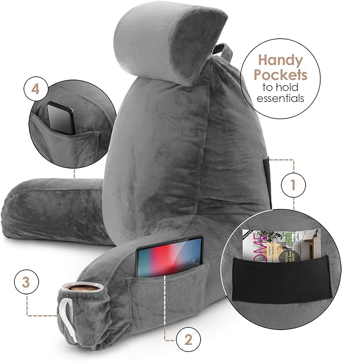 Nestl Reading Pillow with Portable Laptop Lap Desk, Velvet Feel Back Pillow for Sitting in Bed, Shredded Memory Foam Back Support Pillow for Bed, Bed Rest Pillow with Arms, Large - Gray - LeafyLoom