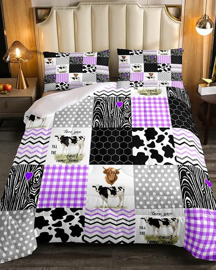 Erosebridal Cute Cow Print Comforter Set Twin Size Kawaii Highland Cow Bedding Set Bedroom Decor Honeycomb Plaid Pattern Geometric Stripes Down Comforter Farm Animals Duvet Set, Purple Black Grey - LeafyLoom