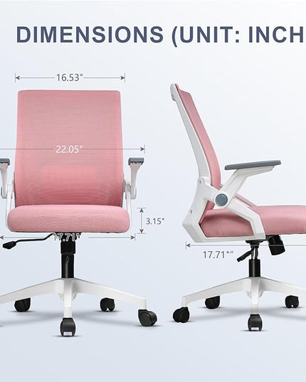 COMHOMA Office Chair with Flip-up Armrests Ergonomic Computer Desk Chair Foldable Mesh Task Chair with Wheels Adaptive Lumbar Support Swivel Tilt Comfortable Study Chair for Student, Pink - LeafyLoom