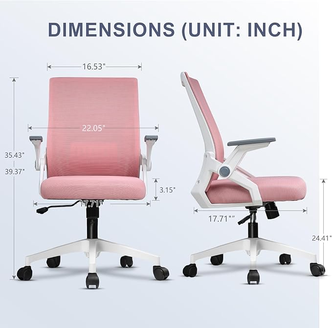 COMHOMA Office Chair with Flip-up Armrests Ergonomic Computer Desk Chair Foldable Mesh Task Chair with Wheels Adaptive Lumbar Support Swivel Tilt Comfortable Study Chair for Student, Pink - LeafyLoom