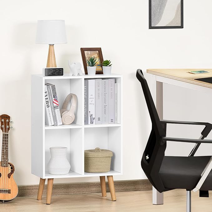 YAHARBO Small 4 Cube White Bookshelf,3 Tier Modern Kids Bookcase with Legs, Wooden Bookshelves Storage Shelf,Book Shelves Organizer,Display Bookcases Cabinet for Room Nursery Study - LeafyLoom