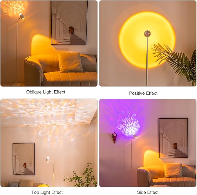 Sunset Lamp Projector with 3D Ocean Wave, 12 Colors Changing & Four Mode with USB Port, RGB Floor Lamp Double Side Lighting with Remote,Creative DIY Mode, 360° Rotation Atmosphere Lamp White - LeafyLoom