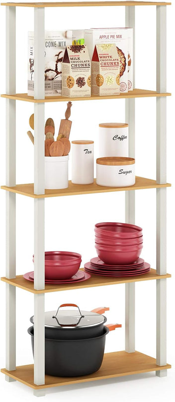 Furinno Turn-N-Tube 5-Tier Multipurpose Shelf / Display Rack / Storage Shelf / Bookshelf, Square Tubes, Beech/White - LeafyLoom