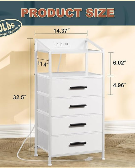 Nightstand 4 Drawer Dresser with LED Lights and Charging Station, Vertical Side Table with Fabric Drawers, End Table with Open Shelf, Tall Dresser for Bedroom, Hallway, Entryway, White - LeafyLoom