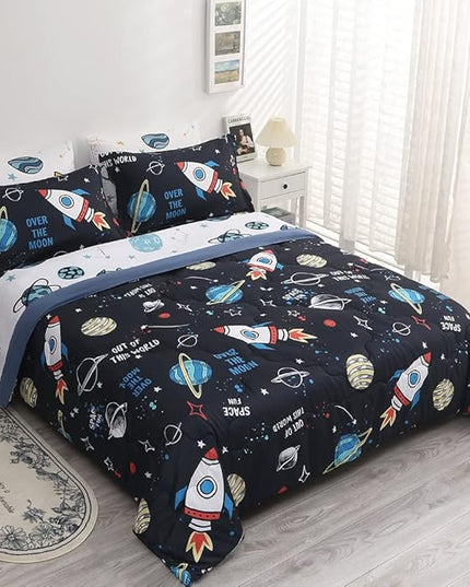 Wajade Kids Space Comforter Set Bed in A Bag Full Size 7 Piece 3D Space Rocket Planets Bedding Set for Teens Boys Girls (1 Comforter, 1 Flat Sheet, 1 Fitted Sheet, 2 Pillowcase and 2 Pillow Sham) - LeafyLoom