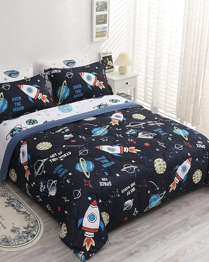 Wajade Kids Space Comforter Set Bed in A Bag Queen Size 7 Piece 3D Space Rocket Planets Bedding Set for Teens Boys Girls (1 Comforter, 1 Flat Sheet, 1 Fitted Sheet, 2 Pillowcase and 2 Pillow Sham) - LeafyLoom