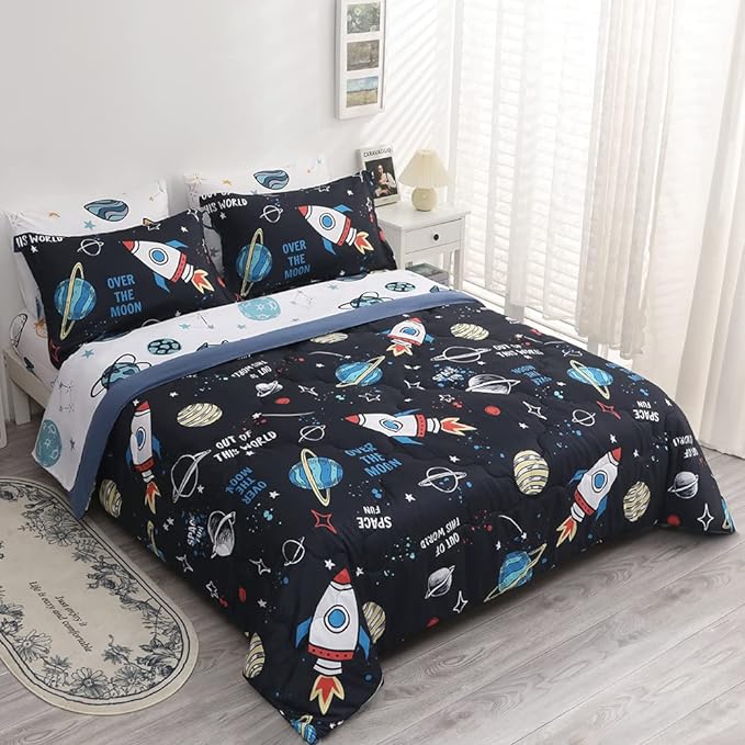 Wajade Kids Space Comforter Set Bed in A Bag Queen Size 7 Piece 3D Space Rocket Planets Bedding Set for Teens Boys Girls (1 Comforter, 1 Flat Sheet, 1 Fitted Sheet, 2 Pillowcase and 2 Pillow Sham) - LeafyLoom
