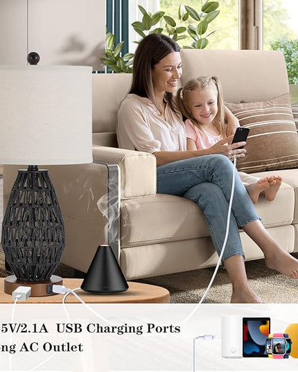 Touch Control Rattan Table Lamps, 3 Way Dimmable Bedside Lamps for Bedroom Set of 2 with 2 USB Ports and AC Outlet, Black Wicker Nightstand Lamps for Living Room (LED Bulbs Included) - LeafyLoom