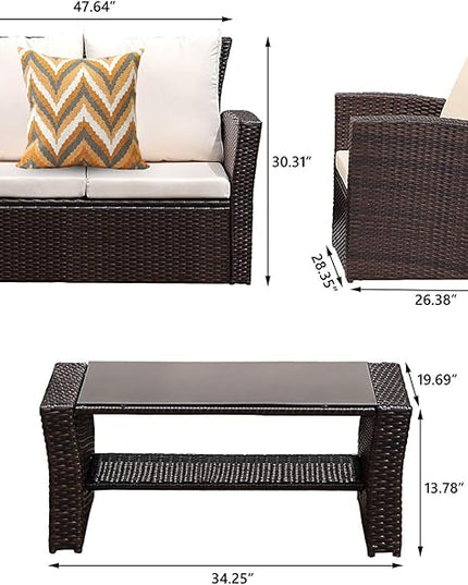 4 Piece Patio Furniture Sets, All-Weather Wicker Conversation Sets, Outdoor Rattan Sectional Sofa Chair with Cushions and Coffee Table for Balcony, Garden, Backyard, Brown - LeafyLoom