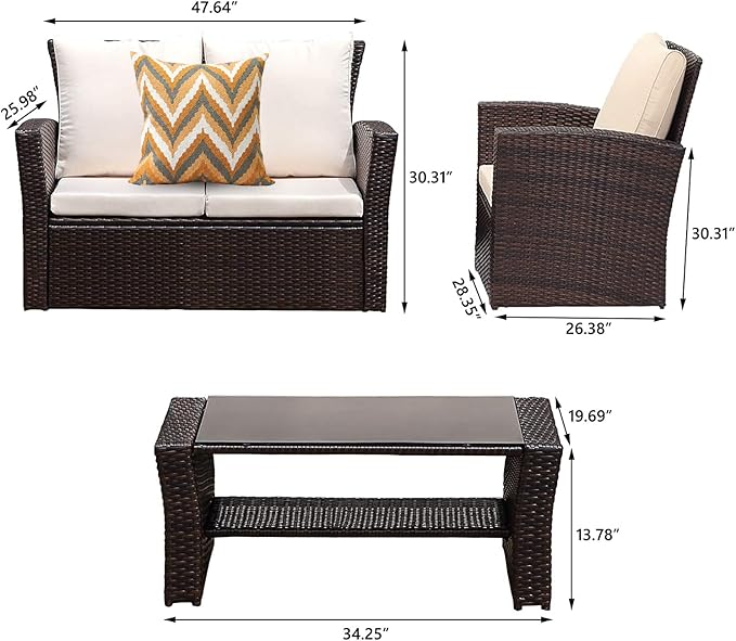 4 Piece Patio Furniture Sets, All-Weather Wicker Conversation Sets, Outdoor Rattan Sectional Sofa Chair with Cushions and Coffee Table for Balcony, Garden, Backyard, Brown - LeafyLoom